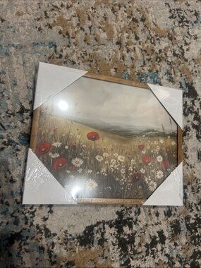 Framed Wildflower Field Wall Art with Red Poppies and White Daisies